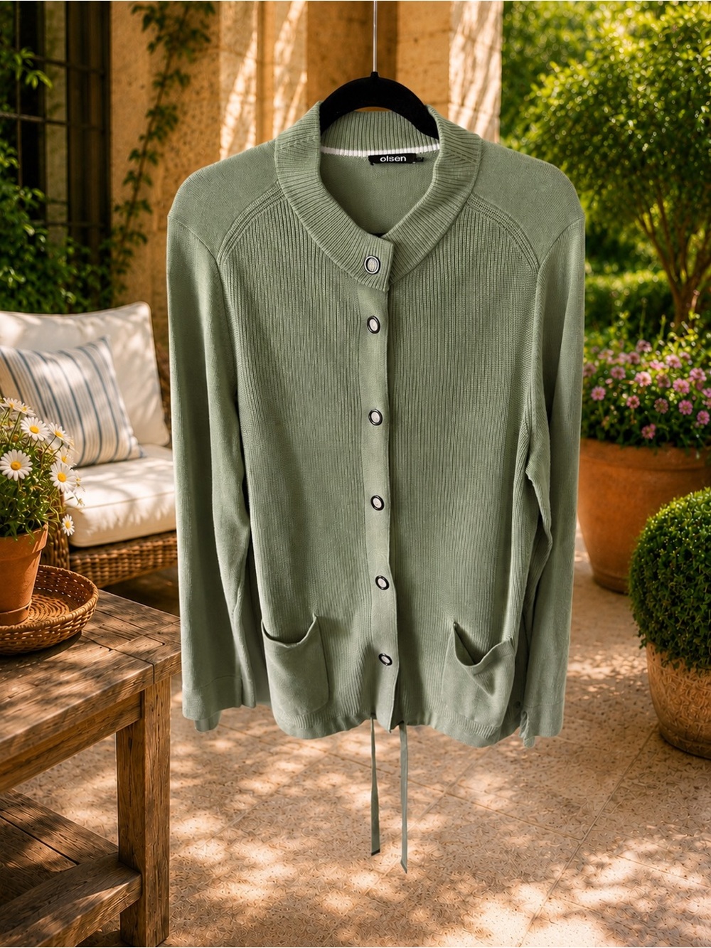 Olsen Knit Cardigan Jacket Sage Grey Ring Closures Drawstring Hem Size L/14